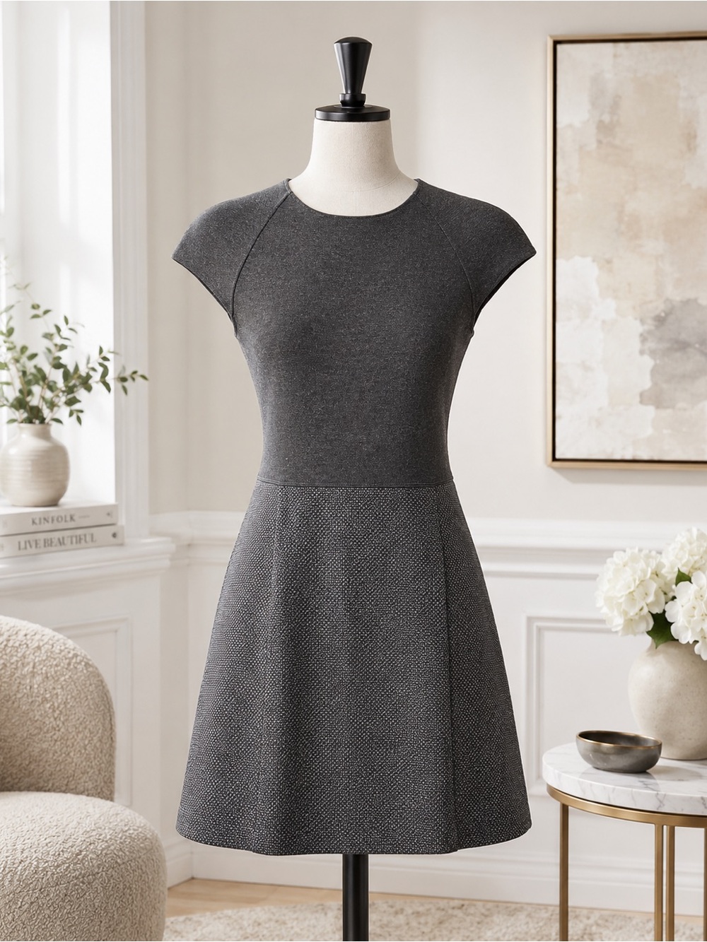 Theory Petite P Gray Merino Wool Tweed A-Line Dress Cap Sleeve Workwear
